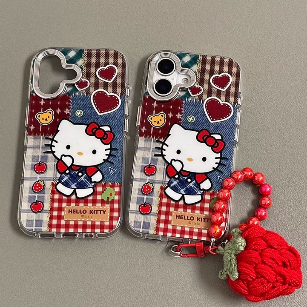 Iphone 14 Pro Maxปลอกเกาหลีน่ารักHello Kittyสตรอเบอร์รี่สายรัดข้อมือสร้อยข้อมือกรณีThicken IMD Hard Caseชุบกล้องป้องกันกรณีสําหรับIPhone 16 15 14 13 12 Pro Max