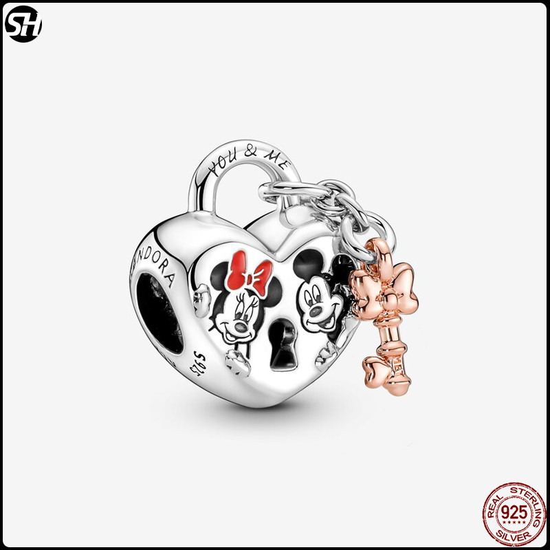 ใหม่ S925 เงินสเตอร์ลิงลูกปัด Mickey Minnie Love ล็อค Fit Pandora Charms สร้อยข้อมือผู้หญิง DIY เครื่องประดับลูกปัดจี้ของขวัญวันเกิด