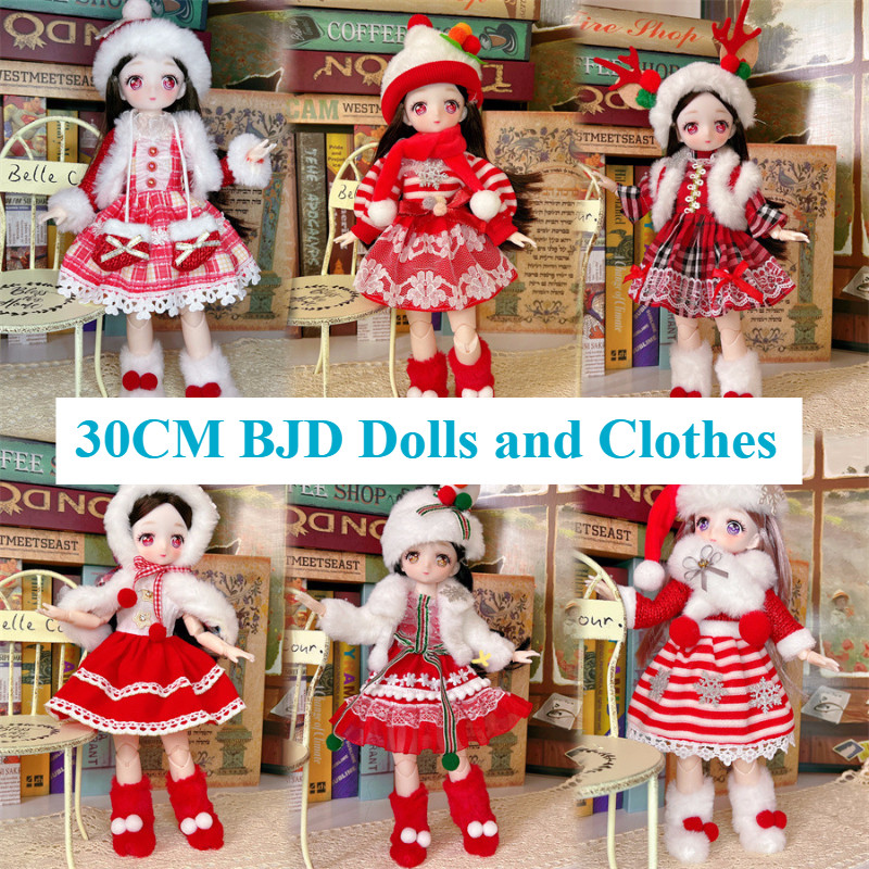 ตุ๊กตาและเสื้อผ้าอ้วนขนาด 30 ซม. พร้อมข้อต่อที่สามารถเคลื่อนย้าย บีเจดี สีแดงชุดคริสต์มาสของเล่นเด็กของขวัญ