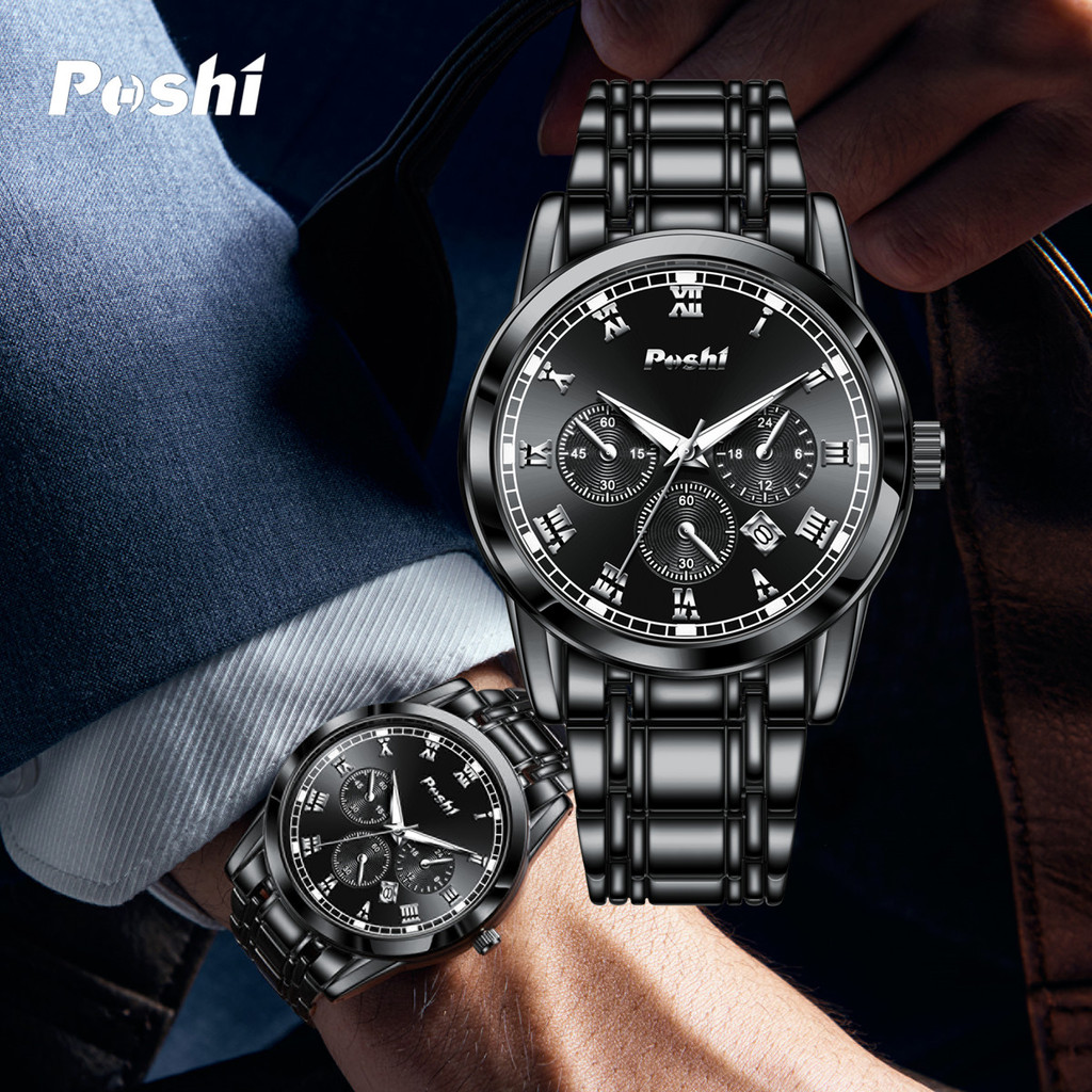 Poshi นาฬิกาสําหรับผู้ชายกันน้ําควอตซ์เดิมสีดํา High-End ธุรกิจสแตนเลสสีดําปฏิทินส่องสว่างกีฬานาฬิกา