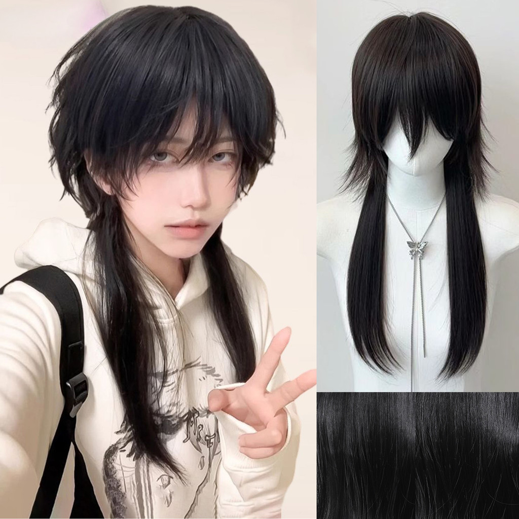 วิกผมสังเคราะห์ Mullet หัววิกผมธรรมชาติสีดําทองคุณภาพสูงวิกผมสําหรับชายตรงหมาป่าหาง FakeWolf หาง Mul