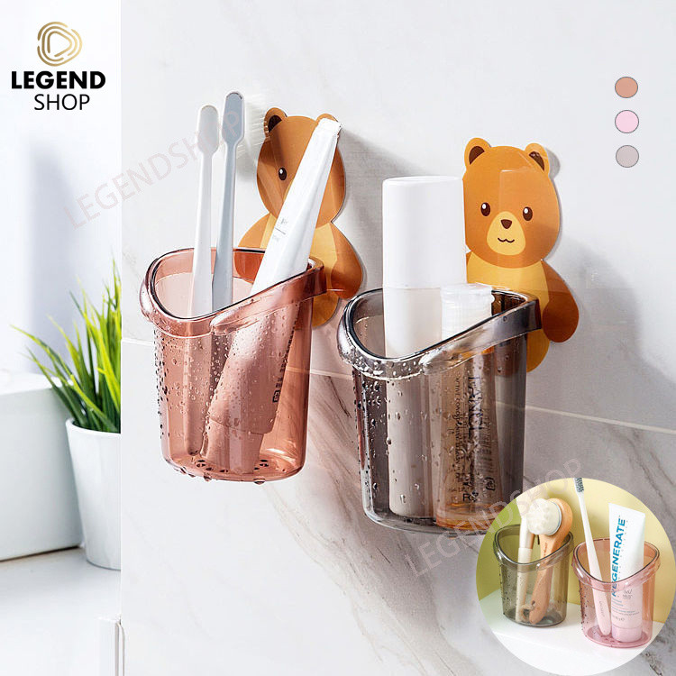 ผู้ถือแปรงสีฟันผู้ถือยาสีฟันหมีน้อยห้องน้ำชั้นวางแก้วผู้ถือแปรงไม่เจาะติดผนังกล่องเก็บอุปกรณ์ห้องน้ำ xcim