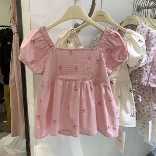 🧡LINNA🧡เวอร์ชั่นเกาหลี แขนสั้น เสื้อเชิ้ต โบว์ หวาน แฟชั่น ปลอกคอสแควร์