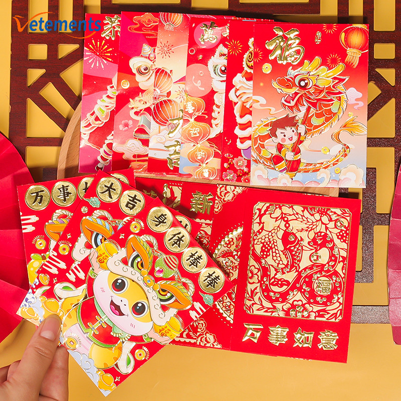 6 ชิ้น/เซ็ต 2025 งูปีปรารถนาที่ดีที่สุดมั่งคั่งซองจดหมายสีแดง-เทศกาลฤดูใบไม้ผลิแบบดั้งเดิมจีนเด็กแพ็คเก็ตสีแดง