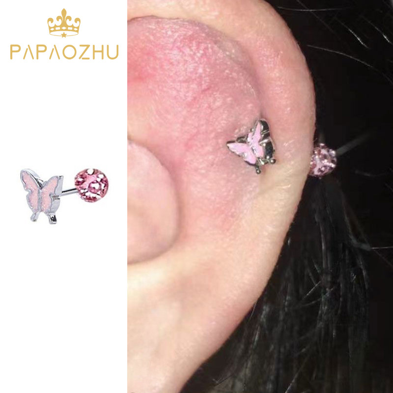 Papaozhu 1PC ที่ละเอียดอ่อน s925 เงินน่ารักคริสตัลสีชมพูผีเสื้อสกรูต่างหูสําหรับผู้หญิงสาว Pirced หู Studs เครื่องประดับ