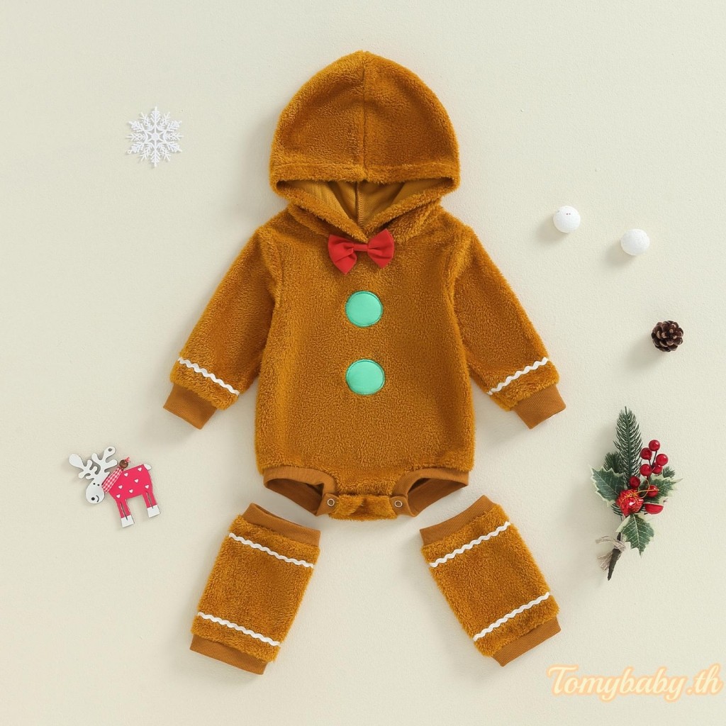 Tomybaby-baby Gingerbread Man เครื่องแต่งกายแขนยาว Hooded Bow Romper + ขาอุ่นชุดคริสต์มาส