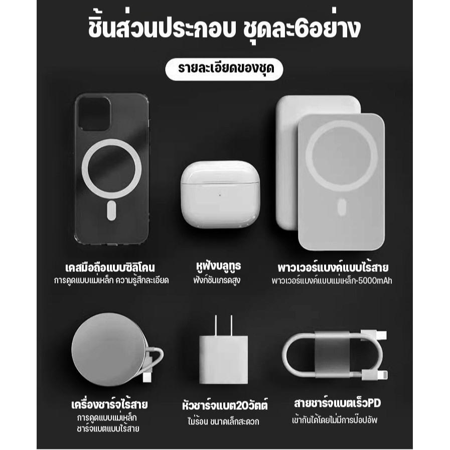 【6 แพ็ก】ชุดพาวเวอร์แบงค์เคสโทรศัพท์มือถือแม่เหล็กหูฟังแบบ6อย่าง/ที่ชาร์จเร็ว 20W/เหมาะสำหรับ iPhone X/XS/XR/XSMAX/11/12/13/14/15/16 Pro Promax Plus / พาวเวอร์แบงค์ไอโฟน - รูปที่ 7