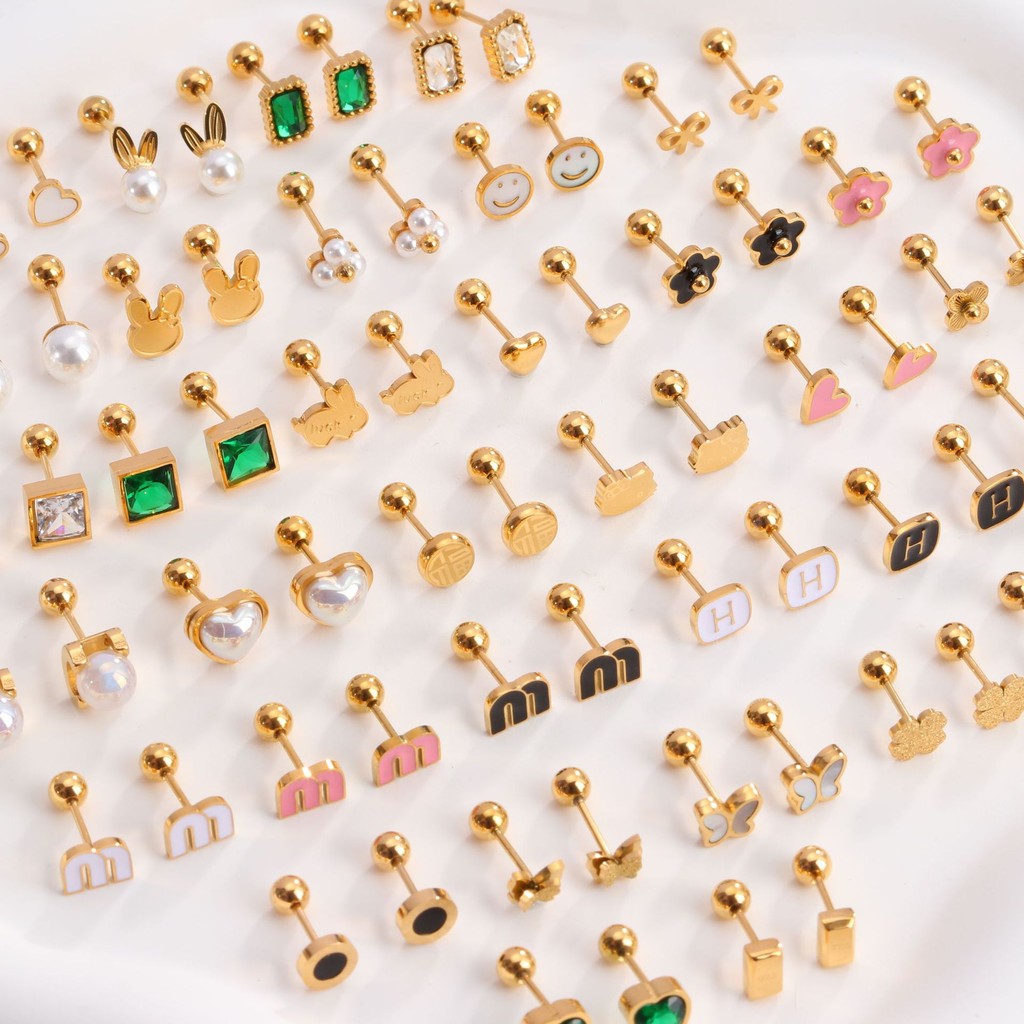 ต่างหูแฟชั่นเรียบหรู สแตนเลสชุบทอง 18K ไม่มีสารก่อภูมิแพ้