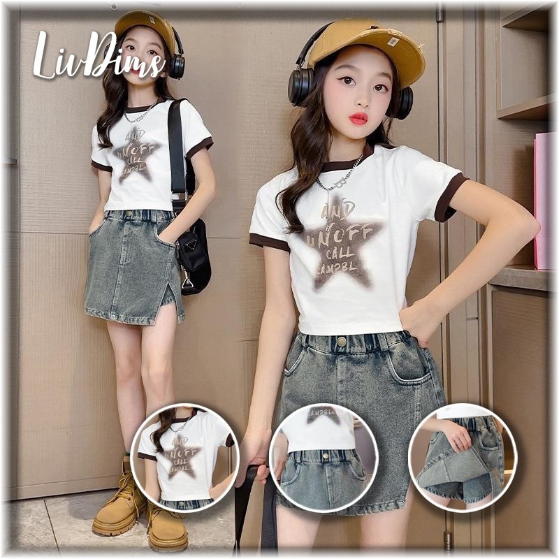 Liv Dims ชุดกระโปรงยีนส์แขนสั้นของเด็กผู้หญิง culottes ชุดสองชิ้นขนาดกลางและเด็กโตใหม่