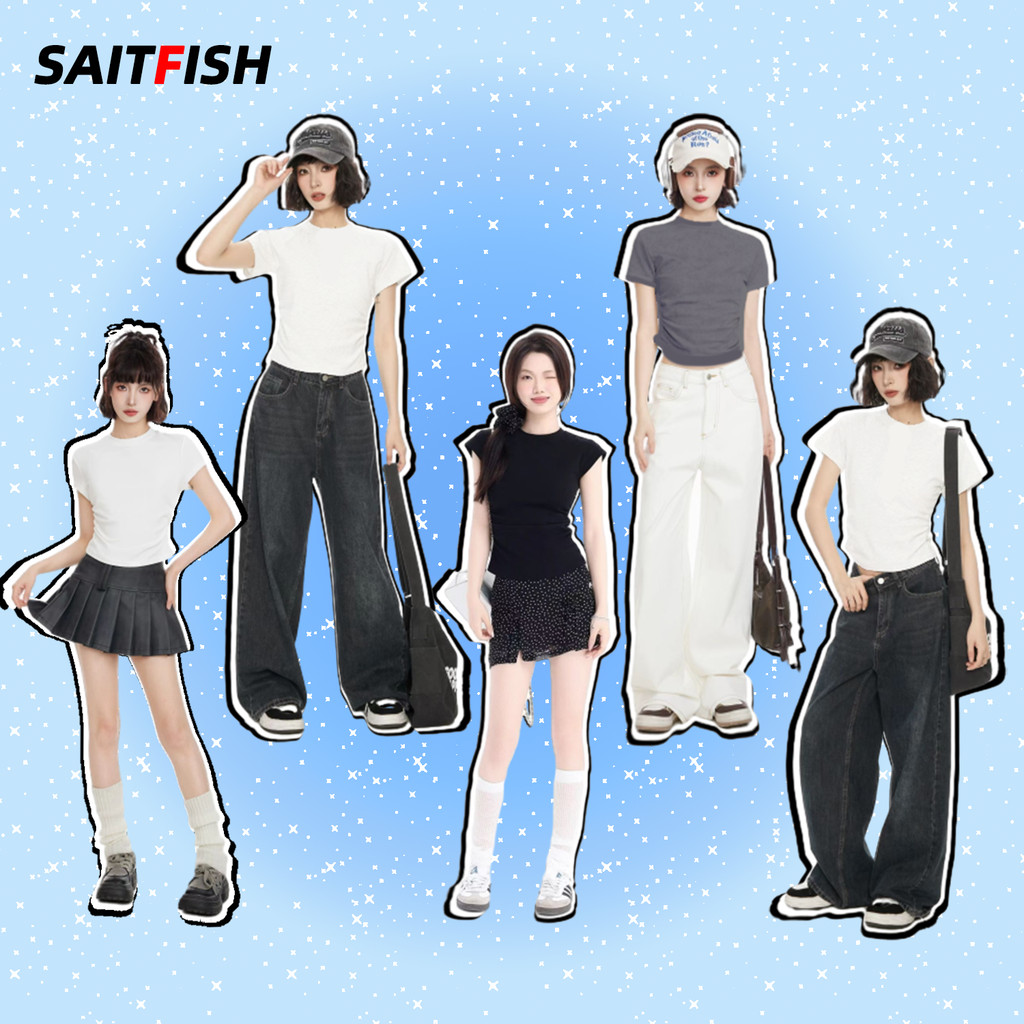 SaltFish พร้อมส่ง เสื้อยืดผู้หญิง เสื้อแฟชั่น ผ้ายืดรูปทรงสวย น่ารัก ด้านข้างออกแบบจีบ ย้อนยุค