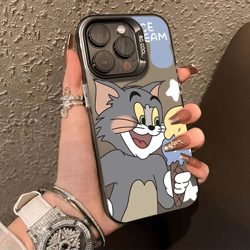 โลหะชุบโลหะด้วยไฟฟ้า ไอโฟนหมีสีชมพูfor 11 iPhone 12 13 14 15Pro MAX X XS XR 7 8Plusแมวกับไอศครีม