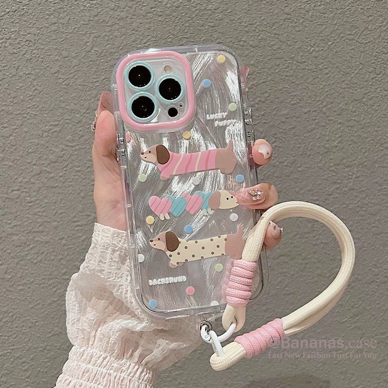Iphone 16 15 14 13 12 11 Pro Max X Xr Xs Max 7 8 Plus SE2020 เคสโทรศัพท์Insขนาดเล็กสีชมพูสีเหลืองลูกสุนัข + Lanyard Blingฝาครอบโทรศัพท์ใส