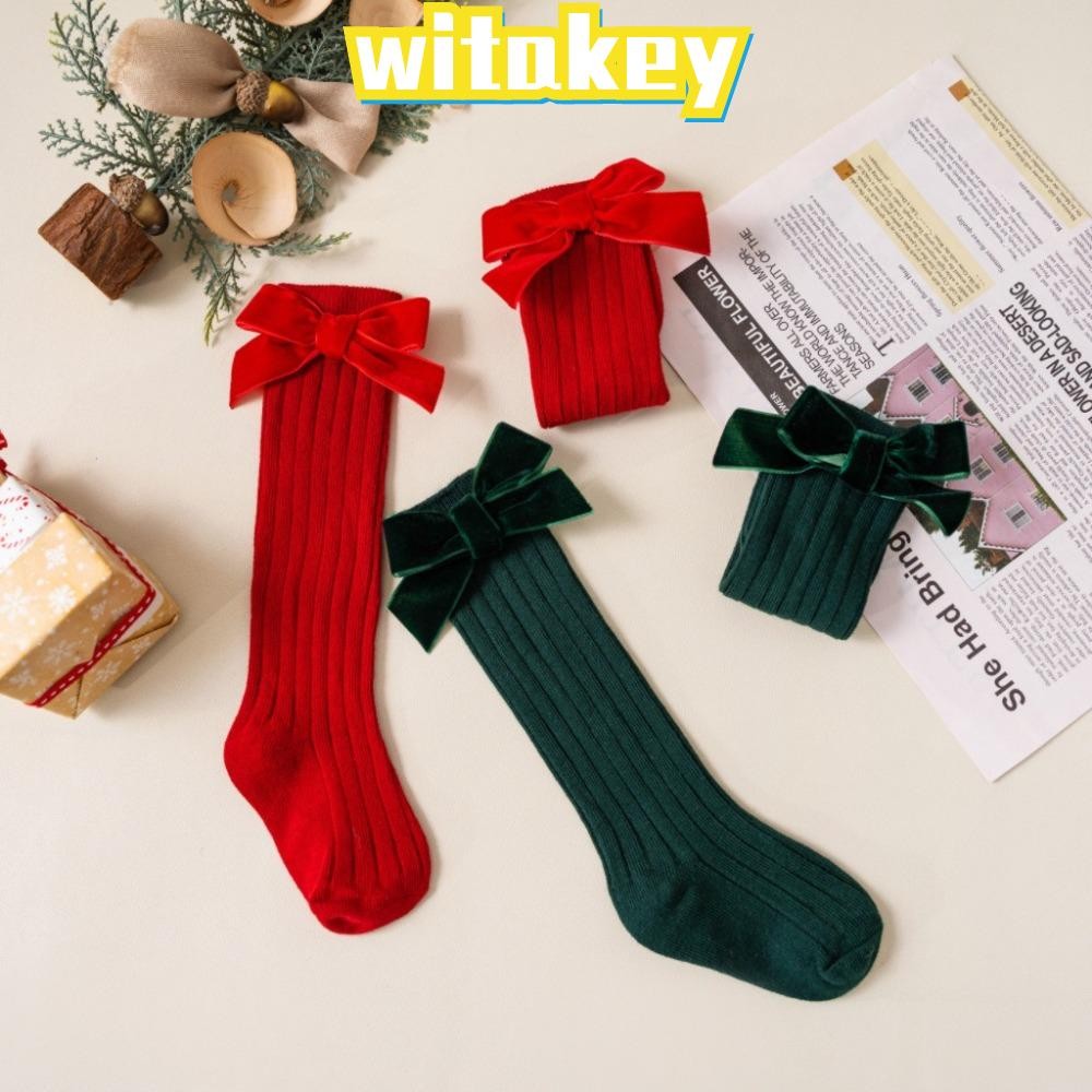 Witakey เด็กถุงเท้าสีแดง, สําหรับ 0-5 ปีผ้าฝ้ายเด็กเข่าสูงถุงเท้ายาว, สีแดงสบายๆ Breathable Bow ถุงเท้ากลางหลอดคริสต์มาสของขวัญ