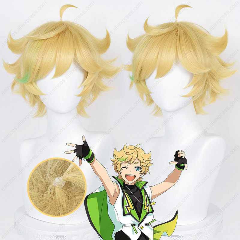 ES Switch Sora Harukawa Cosplay Wig 35cm Golden Highlights Green Short Hair Heat Resistant Synthetic