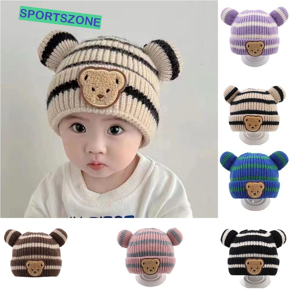Sportszone หมีถักหมวก, การ์ตูนสีทึบหมวกหมวกเด็ก, สไตล์เกาหลี Skullies ขนสัตว์หมวกความร้อนเด็กโครเชต์หมวกเด็กชาย