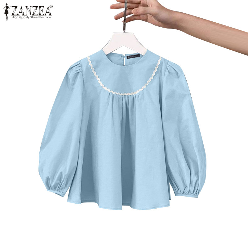 Zanzea เสื้อเบลาส์แขนพัฟคอกลมลําลองเกาหลีสําหรับผู้หญิง