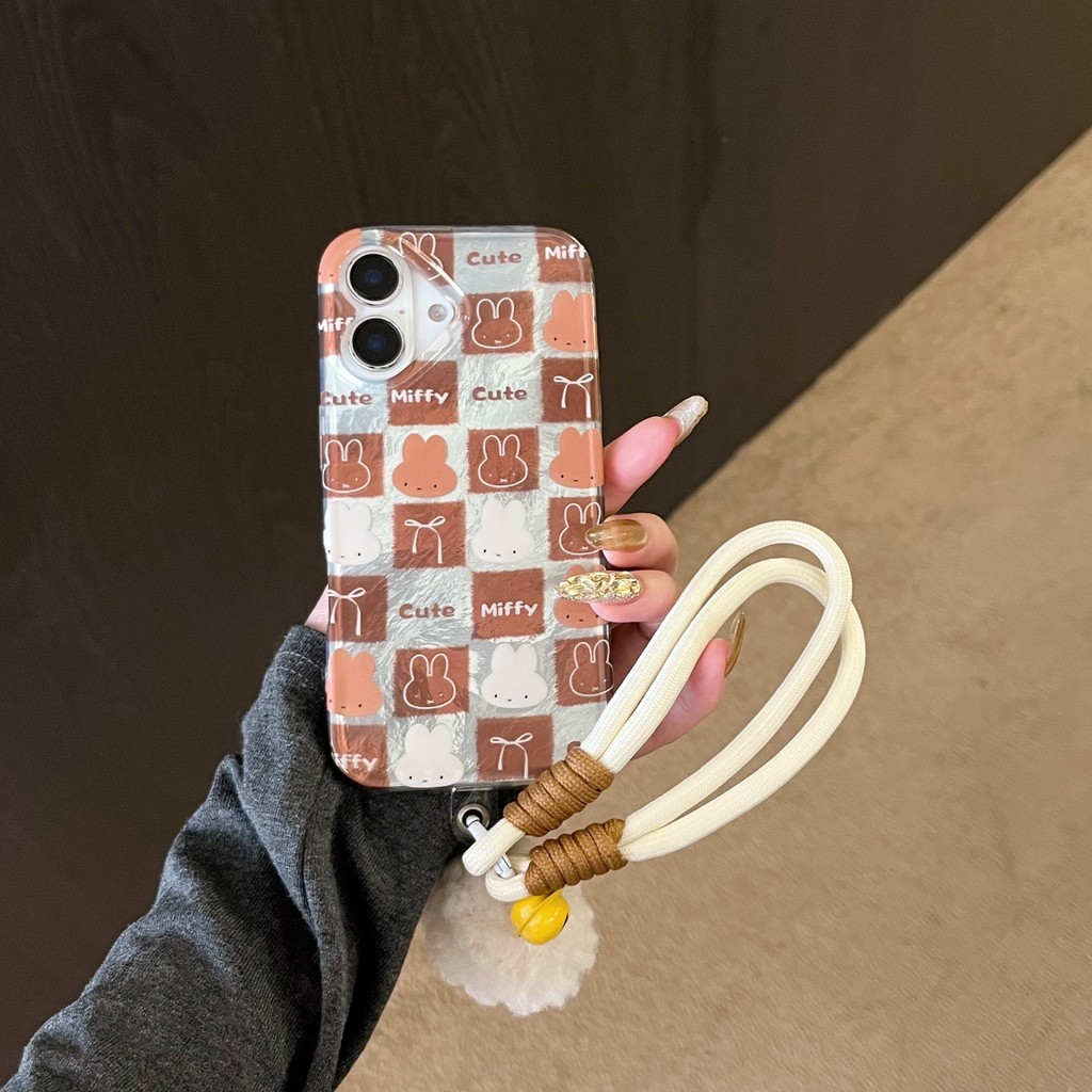 สีน้ําตาล Miffy Rabbit Bowknot grid Bell Rope ลายย่น TPU Cover สําหรับ Apple IPhone 16 15 14 13 Pro Max เคสกันกระแทก