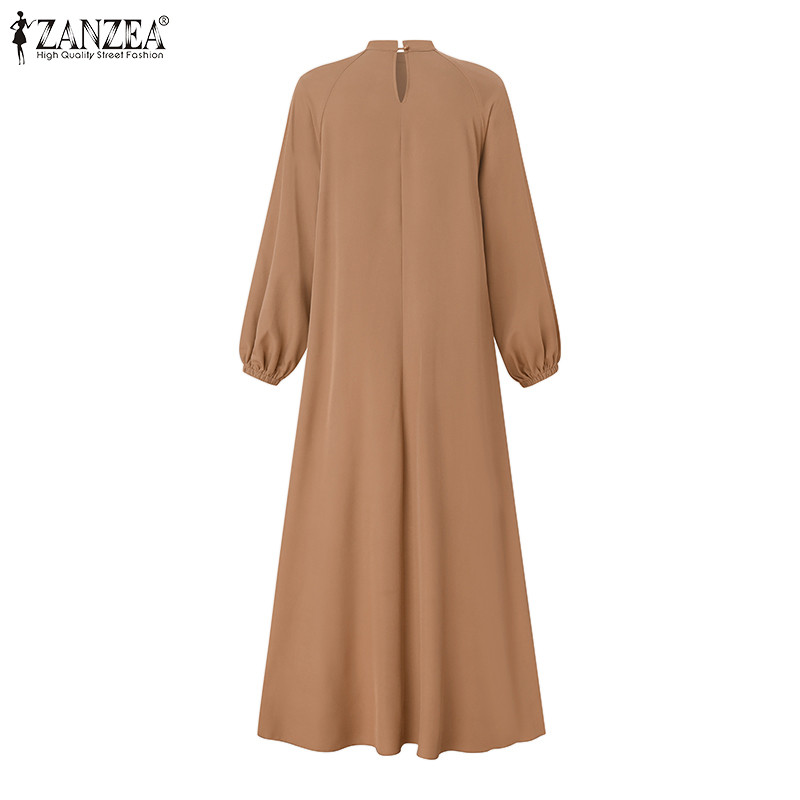 ZANZEA ซานเซีย ผู้หญิงมุสลิมแฟชั่นแขนยาวจีบรอบคอชุดสีธรรมดา