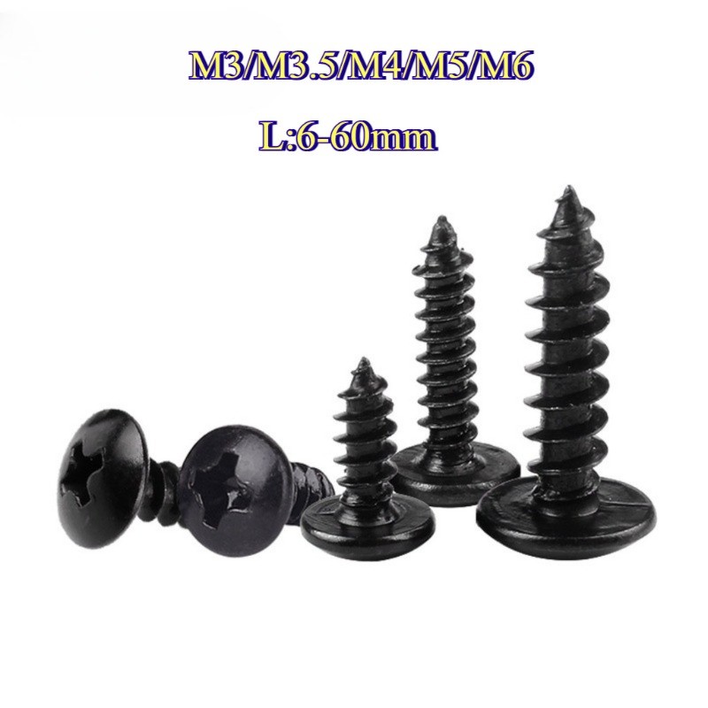 [ZQ-PH] สกรูเกลียวปล่อยหัวแบนขนาดใหญ่ Iron Black Cross M3/M3.5/M4/M5/M6