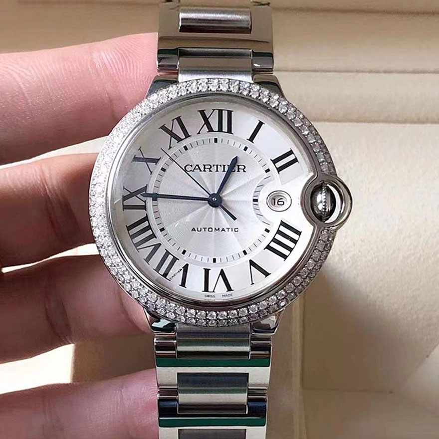 Cartier Cartier นาฬิกาผู้ชาย 42MM Blue Balloon Series นาฬิกากลไกอัตโนมัติ หลังเพชร