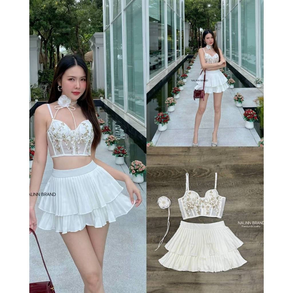 C.on (พร้อมส่ง) Nalinn36 Set 3 ชิ้น เสื้อ กระโปรง โช๊คเกอร์ดอกไม้  เสื้อบลา ลูกไม้ ซีทรู Cafe