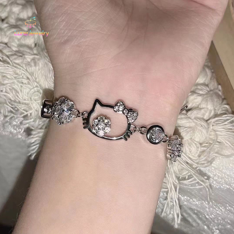 COD💖สร้อยข้อมือคิตตี้หวานเย็น,สร้อยข้อมือดอกไม้น่ารัก Rhinestone,สร้อยข้อมือส่วนบุคคลที่เรียบง่ายสำหรับผู้หญิง-Lune
