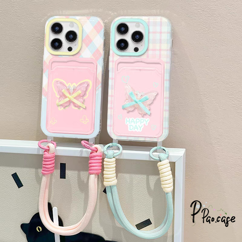 เข้ากันได้กับ เคสโทรศัพท์ 11 16 13 12 15 14 XR Pro Max X XS Max 7 8 14 15 Plus เคสเชือกเส้นเล็กลายการ์ตูนผีเสื้อแสนหวาน