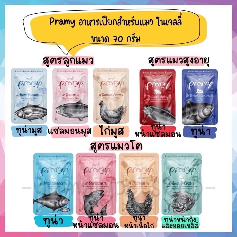 Pramy อาหารเปียกแมวในเจลลี่ 70g ยกโหล สูตรครบทุกวัย บำรุงสุขภาพ
