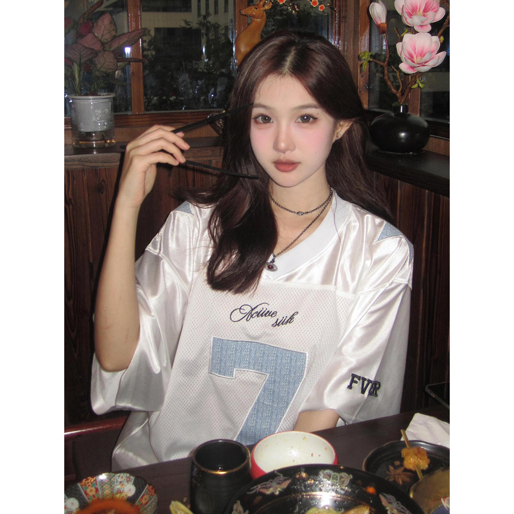 SUIKONE ซุยโคเนะ อเมริกันย้อนยุคหมายเลข 7 เสื้อเจอร์ซีย์ ฤดูร้อนผู้ชายและผู้หญิงตาข่ายหลวมกีฬาเสื้อยืดแขนสั้น — صورة 5