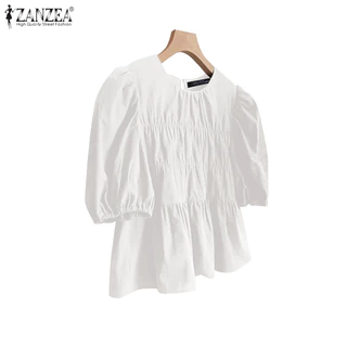 ZANZEA ผู้หญิงเกาหลีสตรีทอินเทรนด์คอกลมแขนโคมไฟจีบเสื้อประกบ