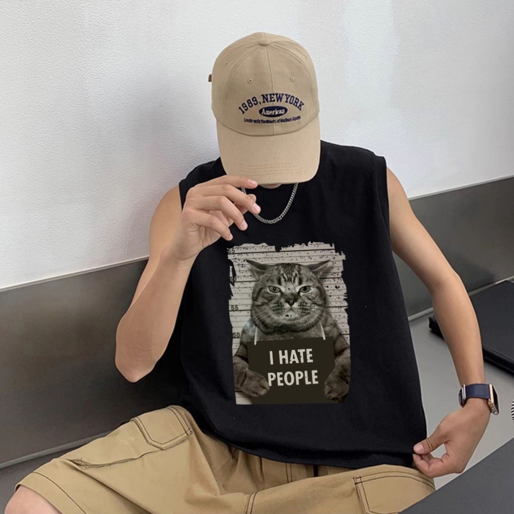 Y-T💫เสื้อแขนกุดผู้ชาย พิมพ์“I HATE PEOPLE” ผ้าฝ้าย100% เสื้อแขนกุดวินเทจ สวมใส่สบาย สตรีทสไตล์ S-3XL