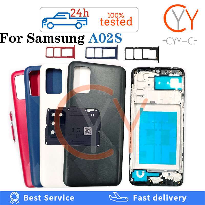 สําหรับ Samsung Galaxy A02S A025 A025F ฝาหลังแบตเตอรี่ปุ่มปรับระดับเสียงปิดปุ่มแบตเตอรี่ฝาครอบประตูด้านหลัง + กรอบด้านหน้า LCD + เปลี่ยนซิมการ์ด