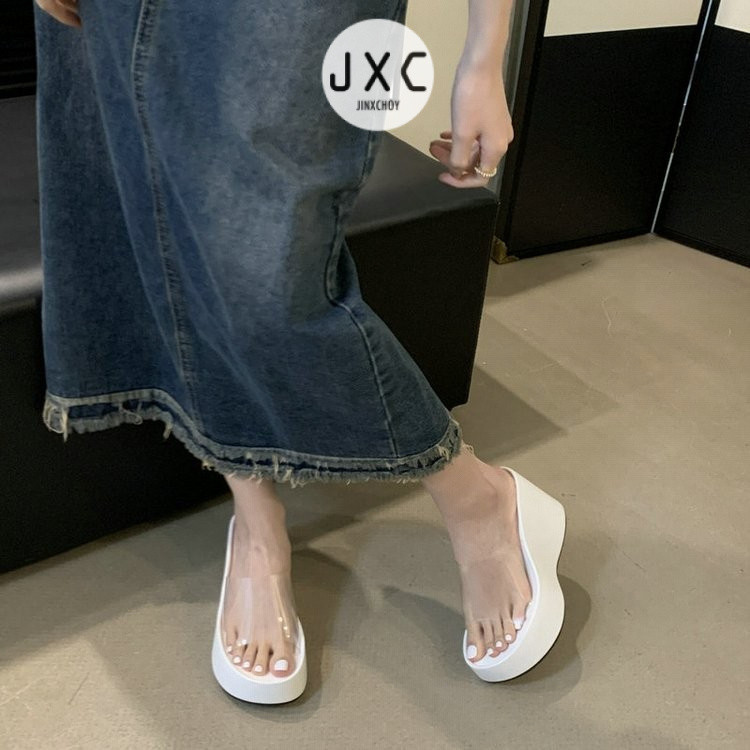 แฟชั ่ นเกาหลี Ulzzang รอบ Toe Super รองเท ้ าส ้ นสูงโปร ่ งใสเปิดนิ ้ วเท ้ ารองเท ้ าแตะ PU สีทึบแฟชั ่ นสุภาพสตรีความสูงฤดูร ้ อน All-Match วันหยุดพักผ ่ อน Sli