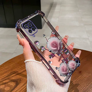 SAMSUNG สําหรับSamsung A12 M12 A22 4G 5G M22 M23 4G M33 เคสโทรศัพท์ดอกไม้สีชมพูBudสี่มุมซิลิโคนTPUโปร่งใสSoft shell ﻿ดีซ