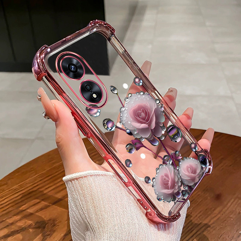 สําหรับ OPPO A58 A78 4G 5G A98 เคสโทรศัพท์ดอกไม้สีชมพู bud สี่มุมซิลิโคน TPU โปร่งใส soft shell ﻿ดีซ