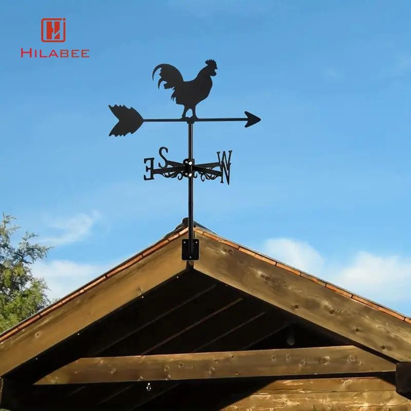 [hilabee] Black Rooster Weathervane,Animal Metal Weather Vane Art,อุปกรณ์ตกแต่งหลังคาเหล็กตัวบ่งชี้ทิศทางลมสําหรับภายนอก