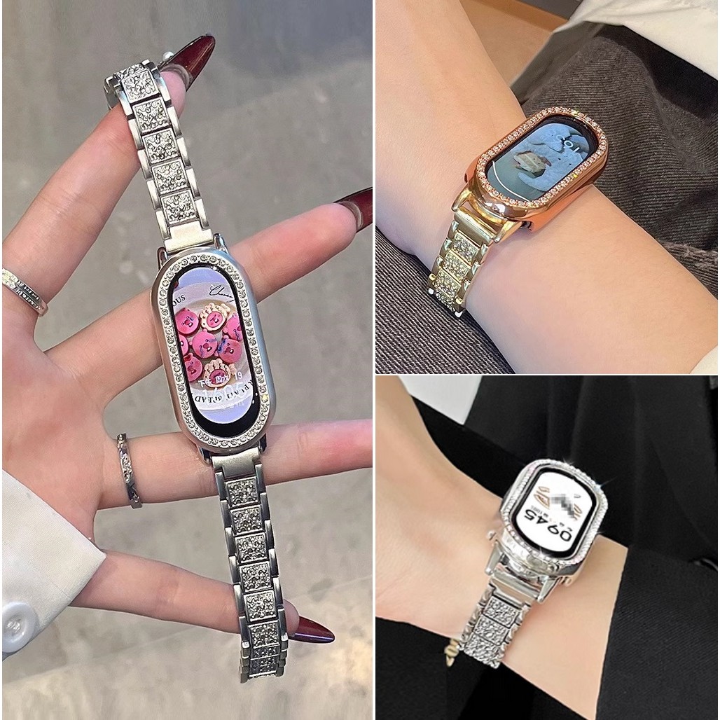 Bling Full Diamond Strap Case For mi band 9 Strap Beads สาย mi band 9 Case Smart Band 9 Strap Replac