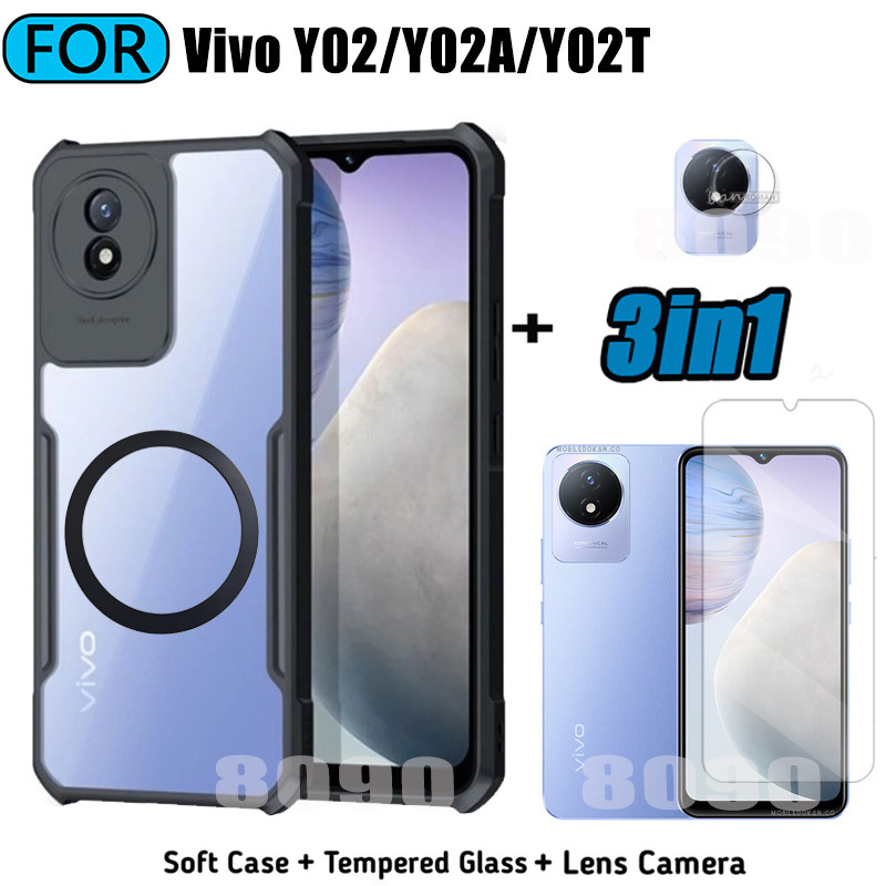 3 in 1 Vivo Y02 เคสโทรศัพท์อะคริลิคสําหรับ Vivo Y02T Y02A Y03 Y03T Y04 ปลอกแม่เหล็กสติกเกอร์ชาร์จไร้