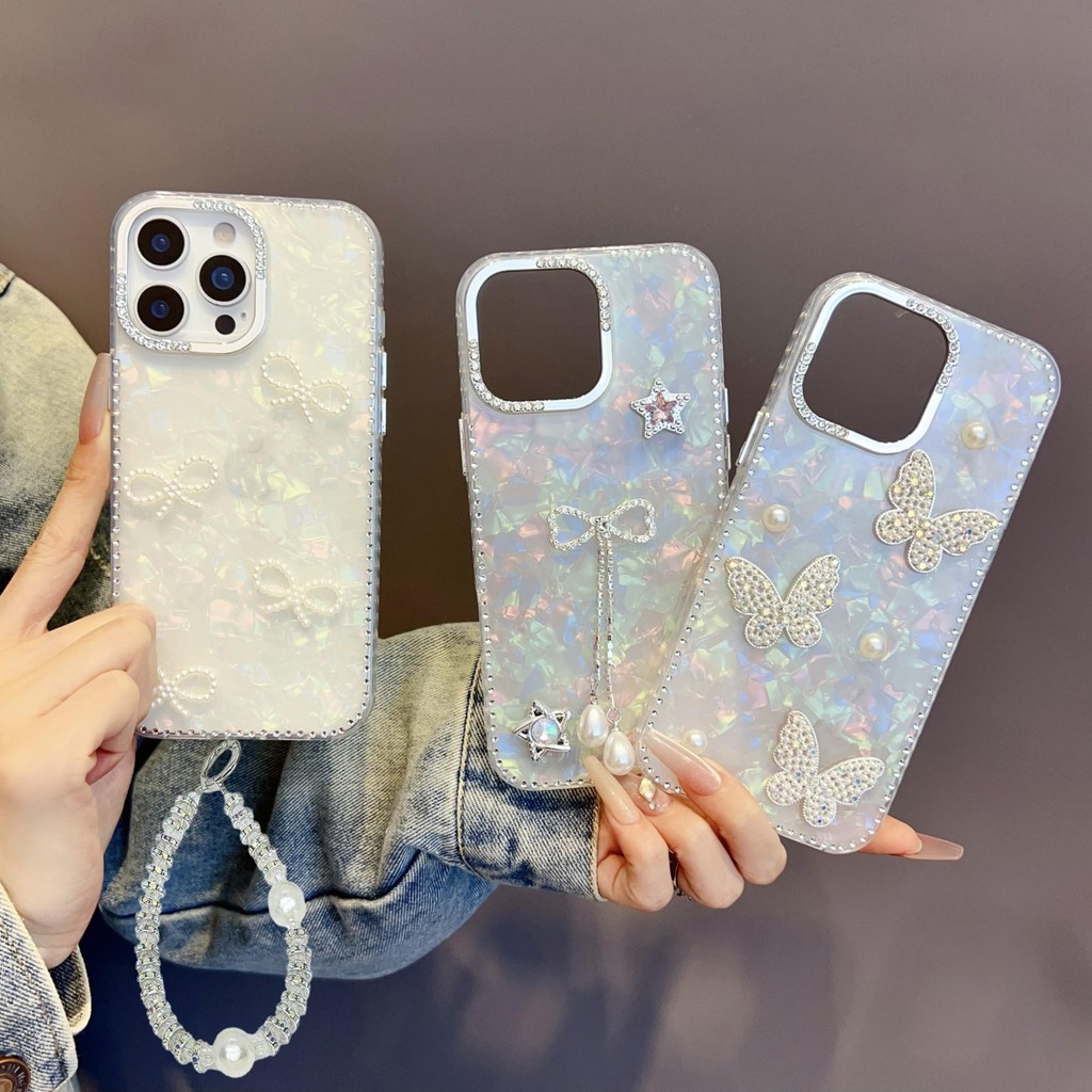 NewFrame & Bezel Diamond Series 3D Bows & Butterflies Pattern IMD Phone Case, with Bracelet, For iPhone 12, 13, 14, 15, 16 Series
