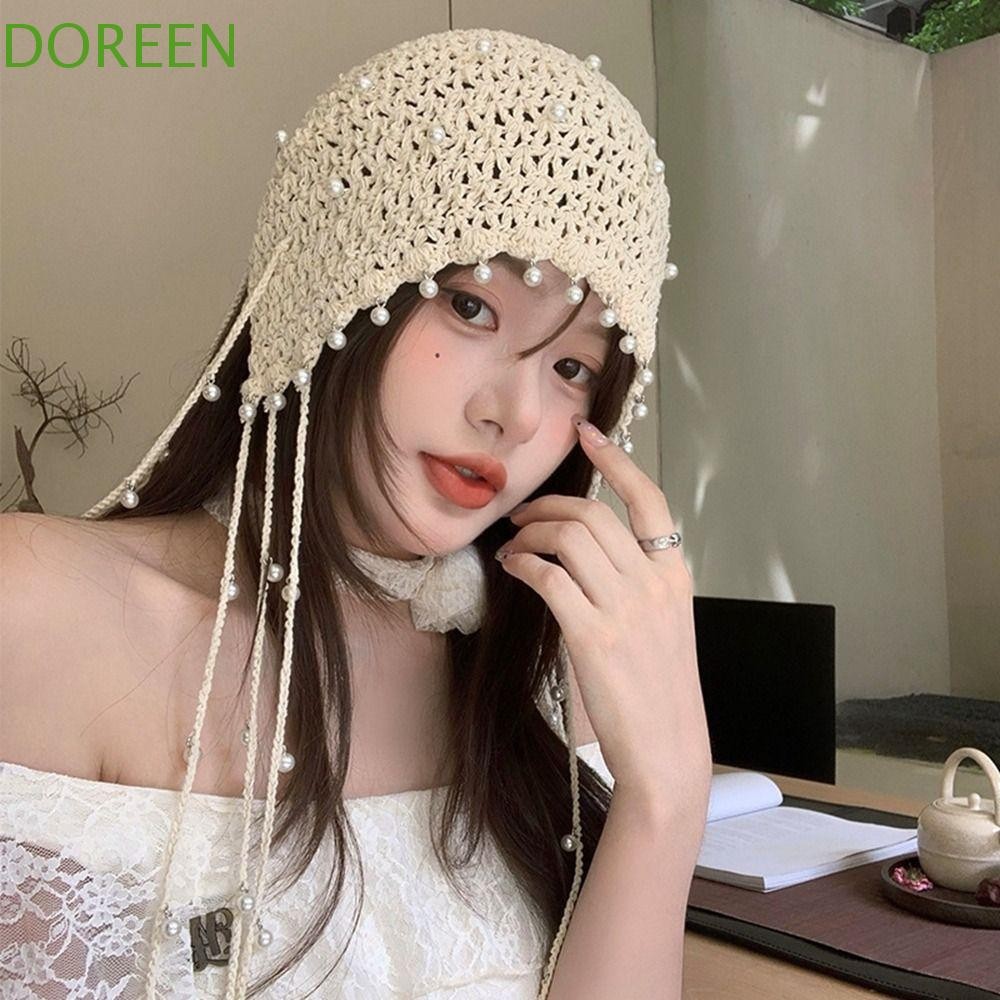 Doreen Hollow Pearl Tassels หมวกถัก,โครเชต์ดอกไม้ Hollow Out หมวกถัก, แฟชั่น Beanies Handmade เกาหลีสไตล์ชาติพันธุ์หมวกกลางแจ้ง