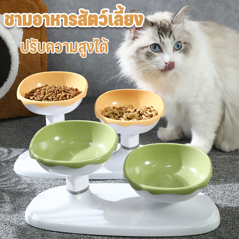 ชามอาหารแมวกันมด ชามแมว 2 หลุม ชามอาหารสัตว์เลี้ยง ปรับความสูงได้ ถอดล้างได้ ชามกันมด