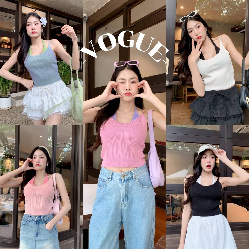 Vogue พร้อมส่ง ไหมพรมเสื้อสายเดี่ยว แต่งสายคล้อง สีพาสเทลน่ารักคาวาอี้ (M5338)
