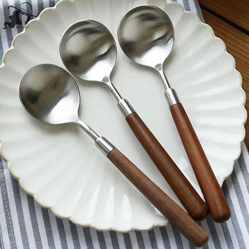 Lishu สแตนเลสช้อนซุปความคิดสร้างสรรค์แบบพกพาไม้ช้อนสําหรับไอศกรีมขนมหวาน Scoops Tablespoon อุปกรณ์ครัว th