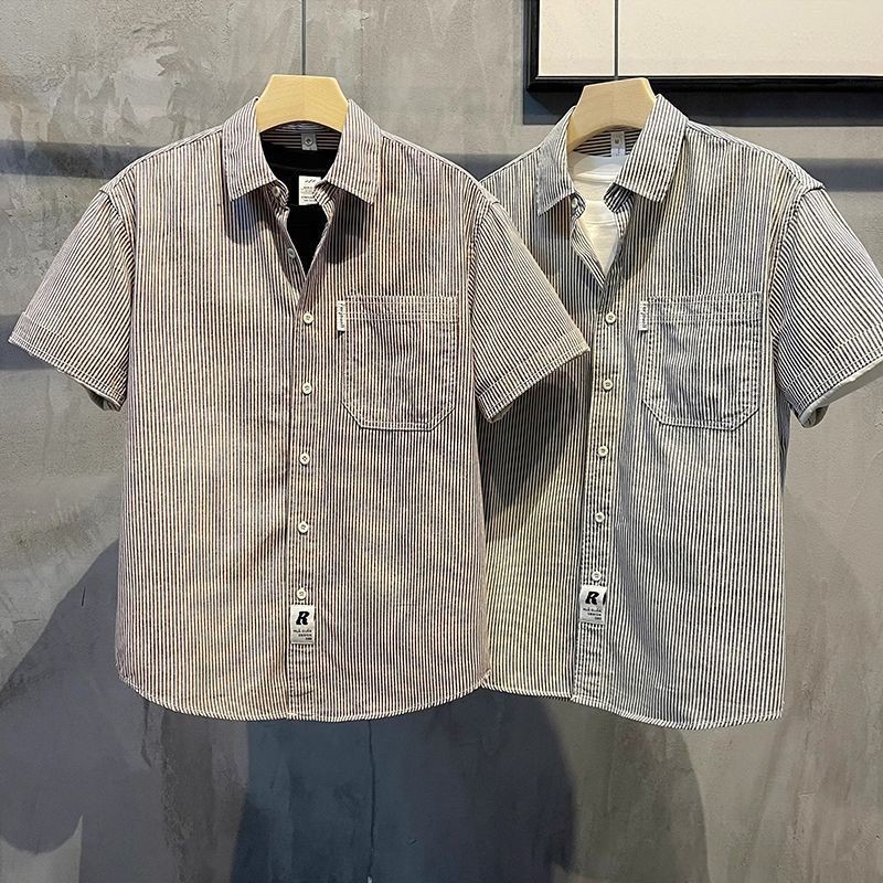 2024 ผู้ชายระบายอากาศสบายๆแขนสั้นเสื้อแฟชั่นคมชัดสีลายปกสวมใส่สวมใส่ด้านนอกนิ้วเสื้อผ้าผู้ชาย