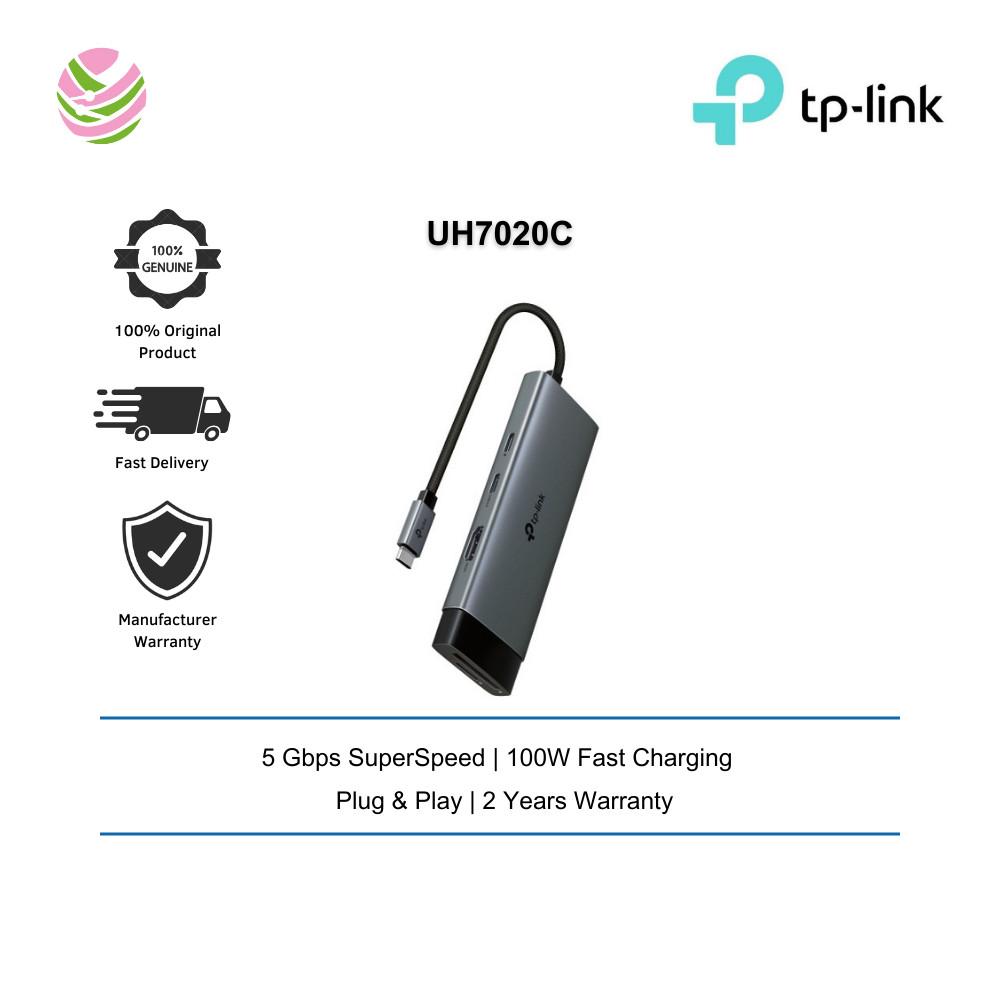 TP-Link USB Hub UH7020C USB Type-C 7 in 1 USB-C Hub, การถ่ายโอนข้อมูล SuperSpeed 5 Gbps, การชาร์จอย่