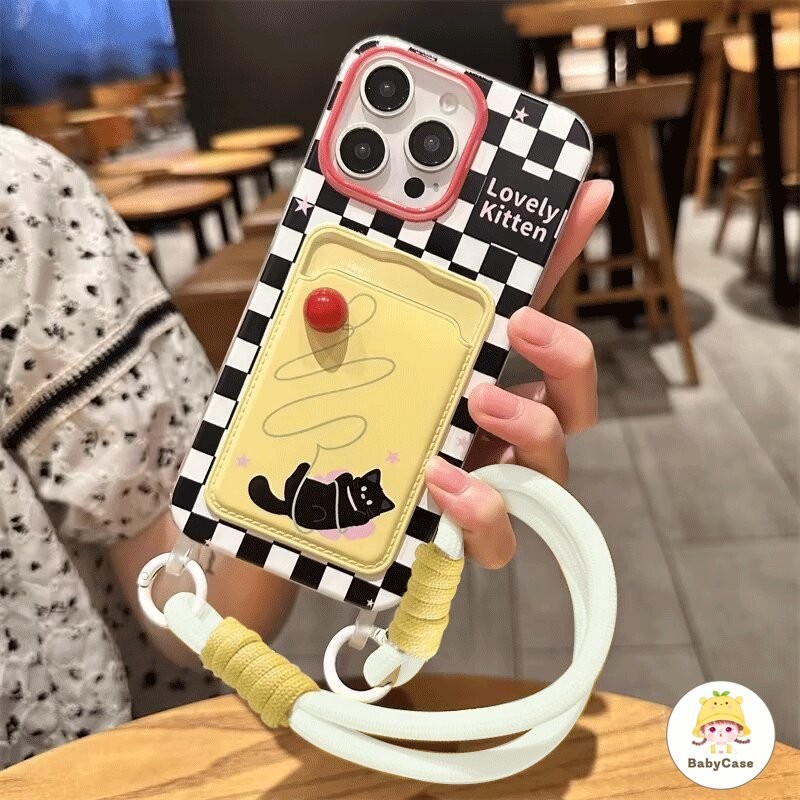 การ์ตูนน่ารักลูกแมวกริดกระเป๋าสตาง เคสiPhone 11 16 15 13 12 14 Pro Max 16Plus XR 16 7 8 15 14 Plus X XS Max SE 2020