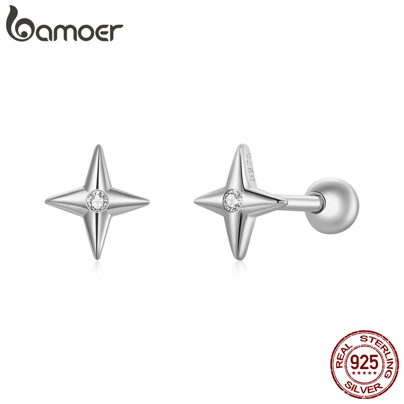 Bamoer 925 Sterling Sliver Stud ต่างหู Silver Star Design เครื่องประดับของขวัญสําหรับผู้หญิง