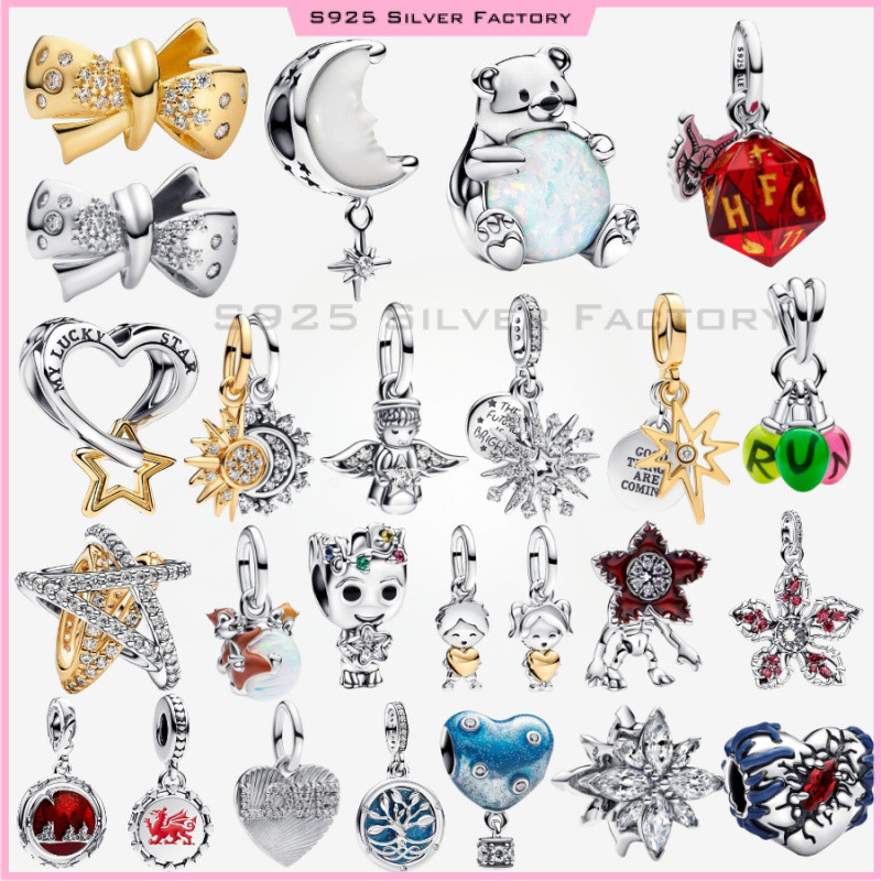 Moon Dangle Charm Lucky Star & Heart Charm Stranger Things Glow-in-the-dark Heart Charm 100% 925 สร้อยข้อมือเงินลูกปัดเหมาะสําหรับสร้อยข้อมืองูคริสต์มาสของขวัญของขวัญวันเกิด