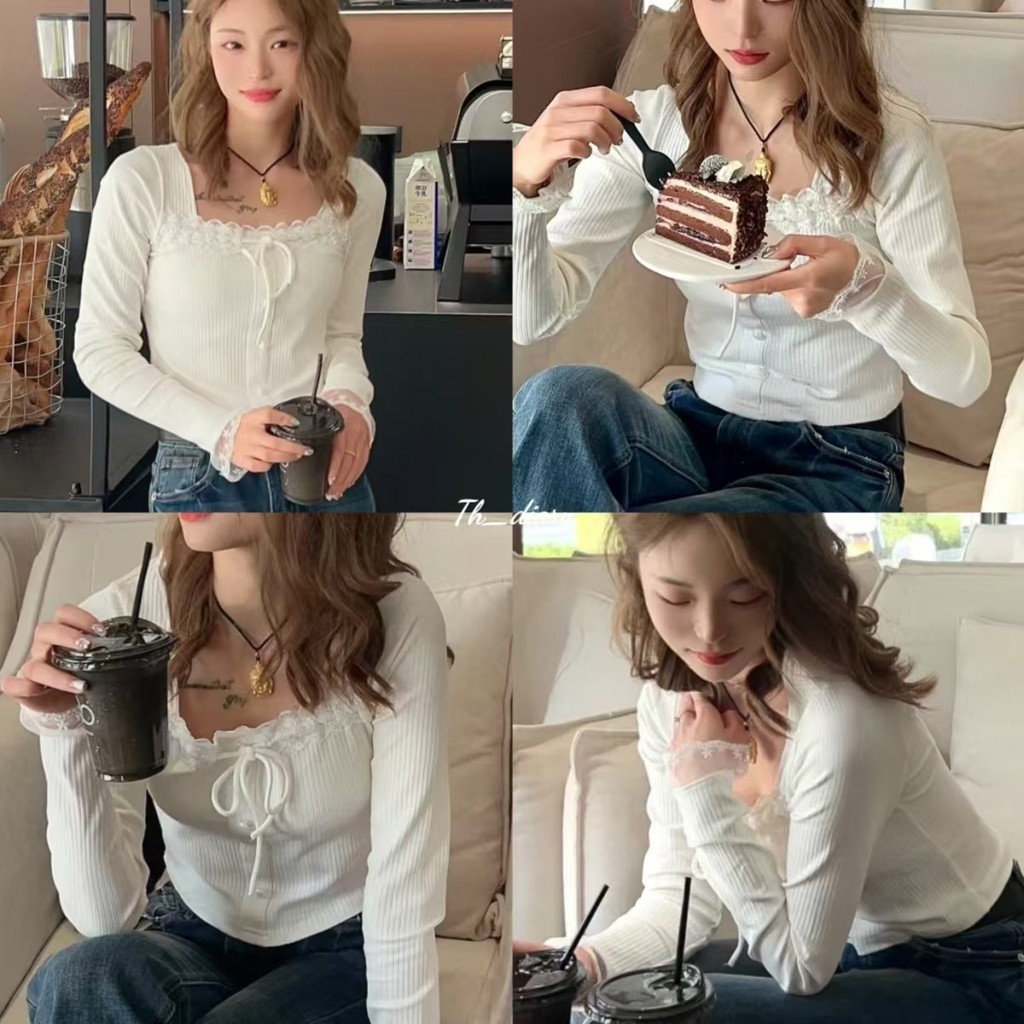 (พร้อมที่จะจัดส่งในกรุงเทพ) ฤดูใบไม้ร่วงรูปแบบใหม่ ทันสมัยและเพรียวบาง ลูกไม้แขนยาว เสื้อยืดผู้หญิง-RR090