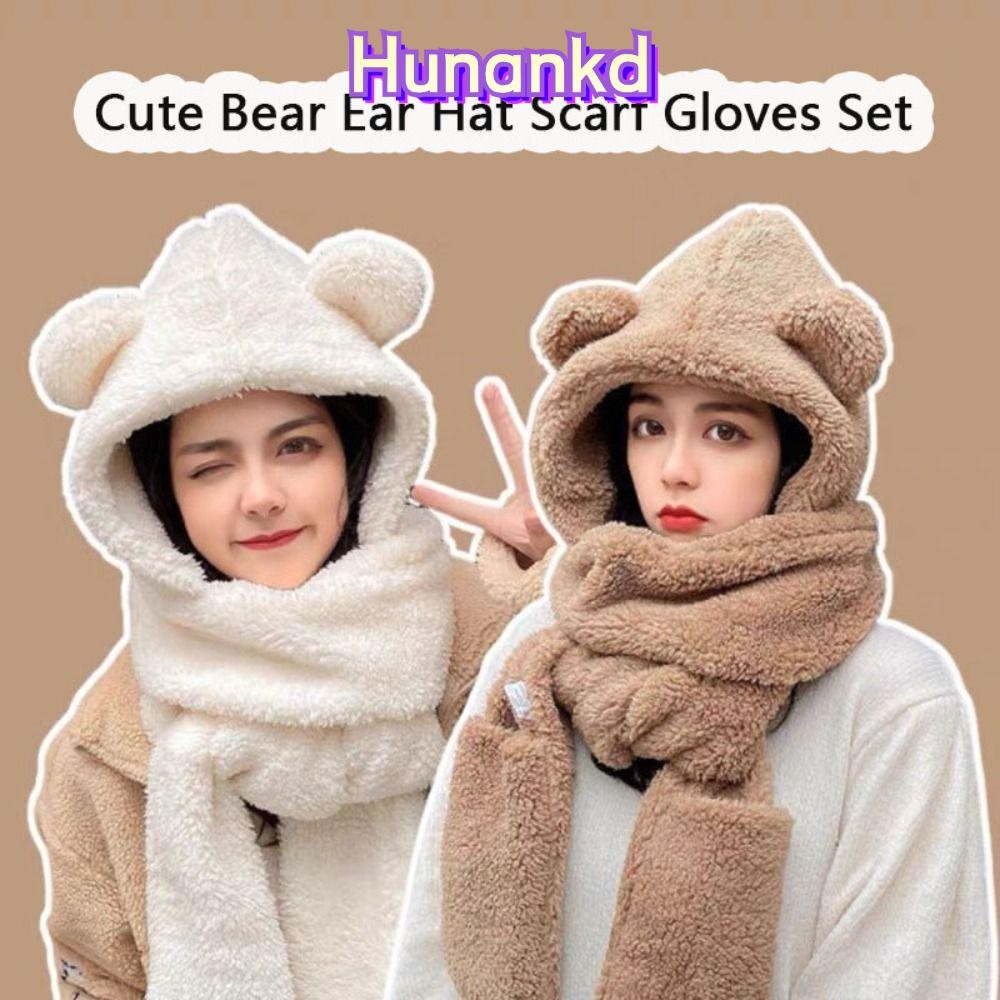 Huan หมวกผ้าพันคอถุงมือชุด,หนาตุ๊กตาน่ารักหูหมีผู้หญิง Beanies หมวก,คออุ่นสีทึบฤดูหนาวที่อบอุ่นป้องกันหูหมวกกลางแจ้ง